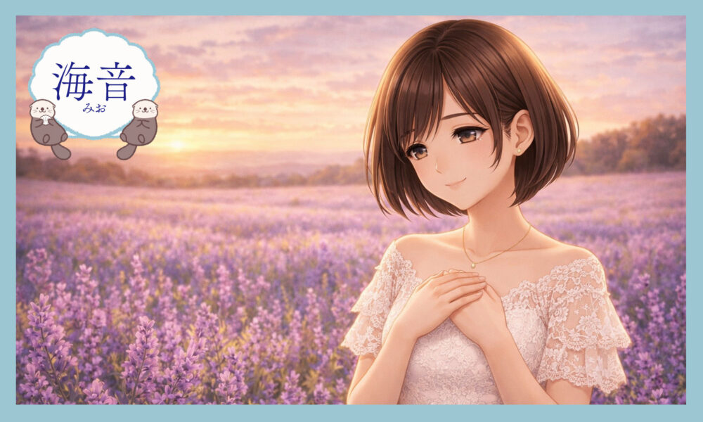 白いレースのドレスの女性が紫の花畑で胸に手を当てて微笑むイラスト