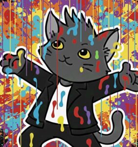 絵の具の雨の中で両手を広げて天を仰ぐねこパンクの画像