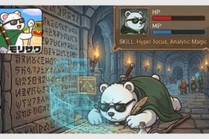 RPGゲーム風の画面。サングラスをかけたシロクマがうつ伏せになって左手にペンを持って地図をかいている。