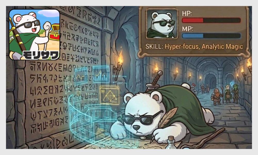 RPGゲーム風の画面。サングラスをかけたシロクマがうつ伏せになって左手にペンを持って地図をかいている。