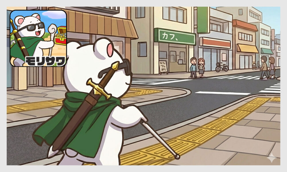 サングラスをかけたシロクマが白杖を持って点字ブロックの上を歩いている場面