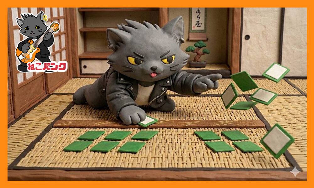百人一首をしているねこパンク画像