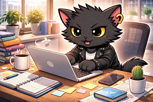 オフィスで仕事をしているねこパンク画像