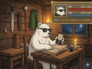 RPGゲーム風のステータス値。シロクマがスマートフォンを持ちながら本を椅子に座り机においてある本を読んでいる画面。