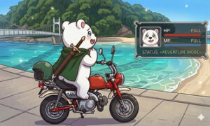 RPGゲームステータス画面。ミニバイクに乗ったシロクマが停止した状態で海と橋を見ている場面。