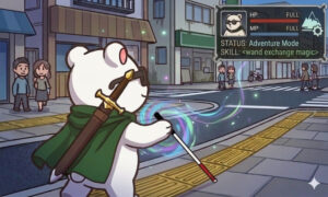 RPGステータス画面。街中で白杖を使用するサングラスをかけたシロクマ