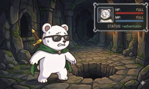 RPGゲーム風の画面とステータス値。サングラスをかけたシロクマが目の前の穴に焦る様子