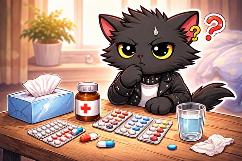 病院の薬をテーブルに並べ考えてるねこパンク画像