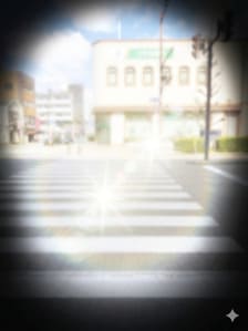 横断歩道の画面。左右の端と下は黒く、そのほか、中心部は白く霞んでいる。