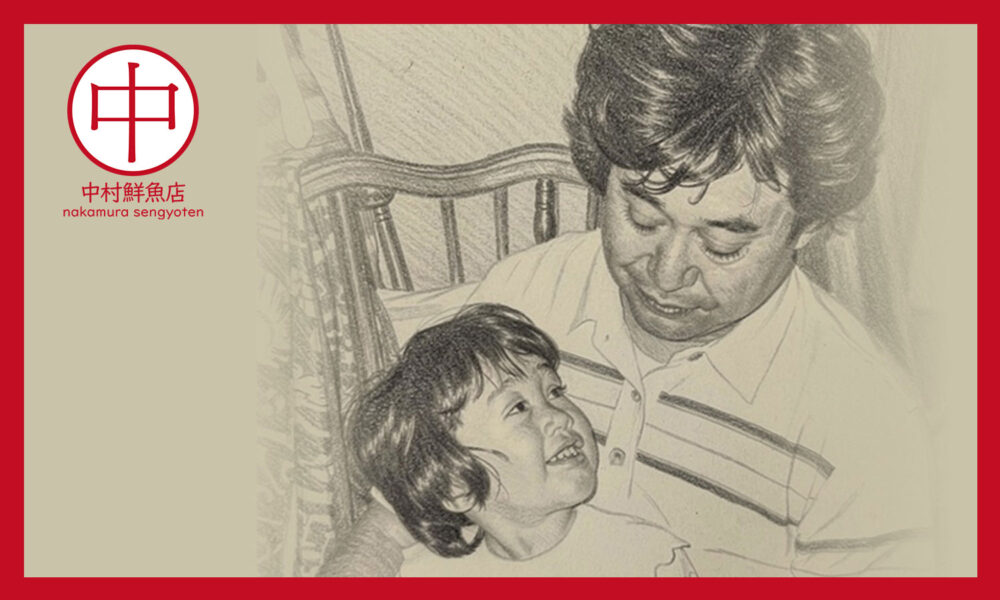 見つめ合う父と幼児の鉛筆画
