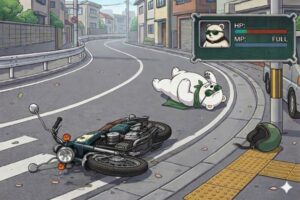 RPGゲームのステータス画面。サングラスをかけたシロクマがバイクから転んで仰向けに倒れている場面。