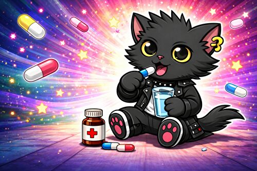 薬を飲んでいるねこパンク画像