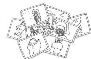 たくさんの人生の思い出の写真が散らばる絵