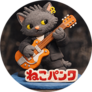 ねこパンクがギターを弾いてる画像