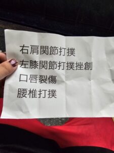 右肩関節打撲・左膝関節打撲挫傷・口唇裂傷・腰椎打撲と書かれた書類