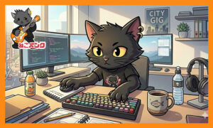 デスクで仕事をしているねこパンク