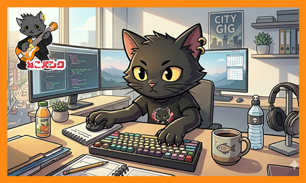 デスクで仕事をしているねこパンク