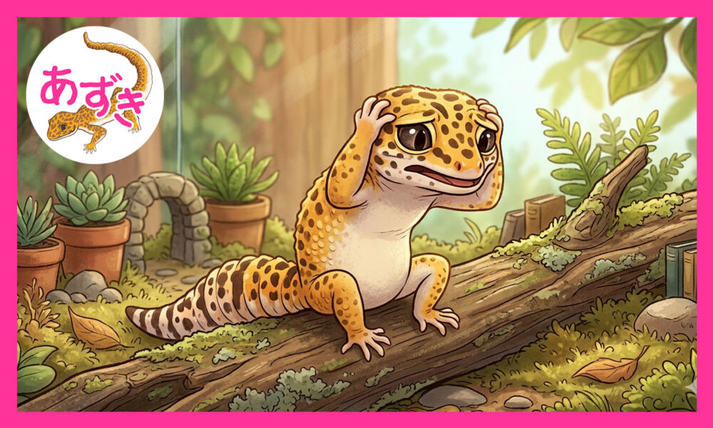 ヒョウモントカゲモドキが頭を抱えている。