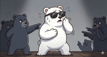 サングラスをかけたシロクマが後ろや横のクマたちに指をさされる場面。
それに対して、シロクマは困っていて、左手で顔を押さえて焦っている表情の画面。