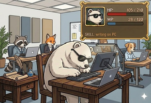 RPGステータス画面。オフィス内で他の動物たちはPCで作業。サングラスをかけたシロクマは右側にノートPC、シロクマの目の前にはタブレット、下にはBluetoothキーボードでシロクマは文字を打っている。