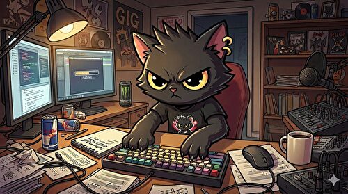 夜遅くまで仕事を頑張っているねこパンク