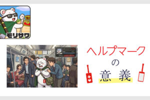 左側の画面は満員電車の中、シロクマがパニック発作を起こして、男性に席を譲ってもらている画面。 右側に「ヘルプマークの意義」と文字で書いてある。
