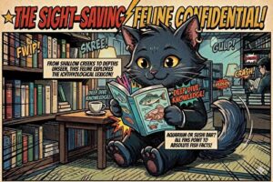 大きな本屋さんで本を読んでいるねこパンク
