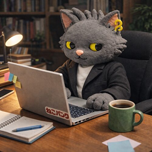 自宅のデスクで仕事をしているねこパンク