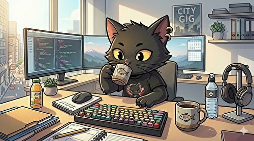 デスクでコーヒーを飲んで一息入れているねこパンク