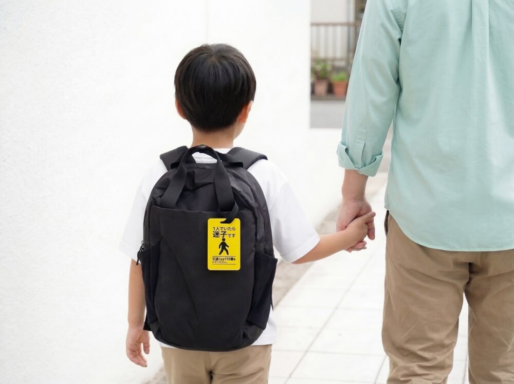 1人でいたら迷子ですと書かれたマークをカバンに付けた男の子と手を繋ぐ男性