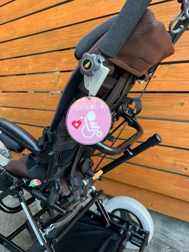 ピンクの車いすのマークが描かれたマークと乗り物