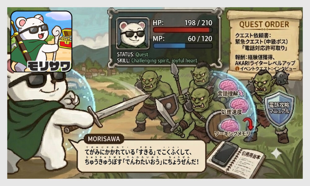 RPG風の戦闘画面イラスト。サングラスをかけた白くまの「MORISAWA」が剣を構え、「てがみにかかれている『すきる』でこくふくして、ちゅうきゅうぼす『でんわたいおう』にちょうぜんだ！」と言っている場面。対峙するモンスター側には「言語理解」「処理速度」「ワーキングメモリ」という脳のアイコンが表示されている。