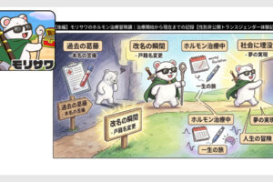 トランスジェンダーの治療記録をゲームの冒険風に描いたタイムラインイラスト。上部には「【後編】モリサワのホルモン治療冒険譚｜治療開始から現在までの記録【性別非公開トランスジェンダー体験記】」のタイトル。画面は左から右へ4つのステージに分かれています。1つ目は「過去の葛藤 - 本名の苦痛」としんどそうなシロクマ、診断書と採血管のイラスト。2つ目は光り輝く看板に「改名の瞬間 - 戸籍名変更」とあり、サングラスとマントを装備して歩き出すシロクマ。3つ目は「ホルモン治療中 - 一生の旅」として、カレンダーや注射器、メンタルの波形のイラスト。4つ目は「社会に埋没 - 夢の実現」「人生の冒険」として、シロクマが次のステージへの扉を開ける様子が描かれています。