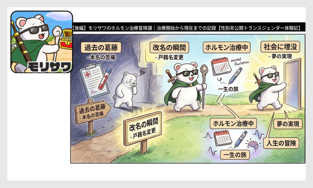 トランスジェンダーの治療記録をゲームの冒険風に描いたタイムラインイラスト。上部には「【後編】モリサワのホルモン治療冒険譚｜治療開始から現在までの記録【性別非公開トランスジェンダー体験記】」のタイトル。画面は左から右へ4つのステージに分かれています。1つ目は「過去の葛藤 - 本名の苦痛」としんどそうなシロクマ、診断書と採血管のイラスト。2つ目は光り輝く看板に「改名の瞬間 - 戸籍名変更」とあり、サングラスとマントを装備して歩き出すシロクマ。3つ目は「ホルモン治療中 - 一生の旅」として、カレンダーや注射器、メンタルの波形のイラスト。4つ目は「社会に埋没 - 夢の実現」「人生の冒険」として、シロクマが次のステージへの扉を開ける様子が描かれています。