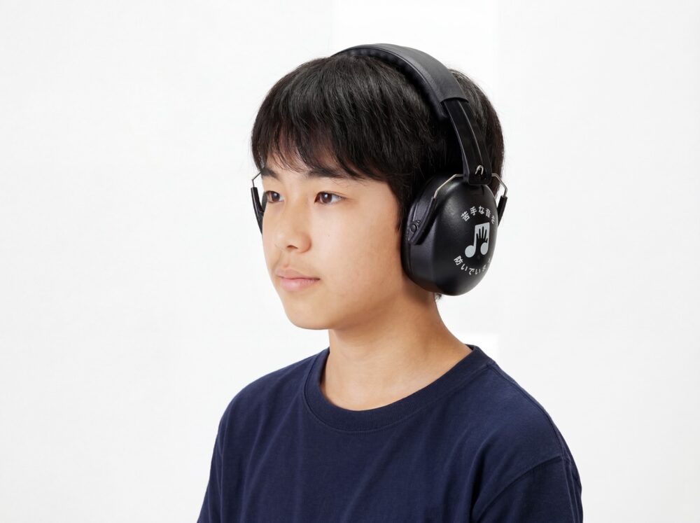 苦手な音を防いでいますと書かれた黒いイヤホンをする男の子