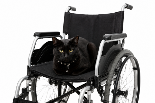 黒猫が車椅子のシートでくつろいでいる画像