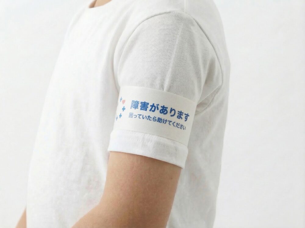 障害があります。困っていたら助けてくださいと書かれたテープを腕に巻いた男性