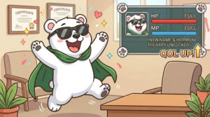 喜びで飛び跳ねるシロクマ。右上には、HPとMPが『FULL』、下に『QOL UP!!』と書かれたゲームのステータス画面風のウィンドウが表示されており、そのアイコンにも笑顔のシロクマが描かれている。