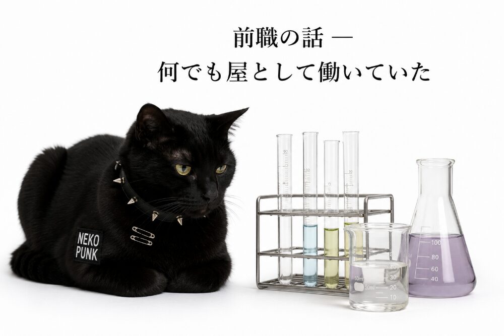 黒猫が座って試験管やビーカーを眺めている画像