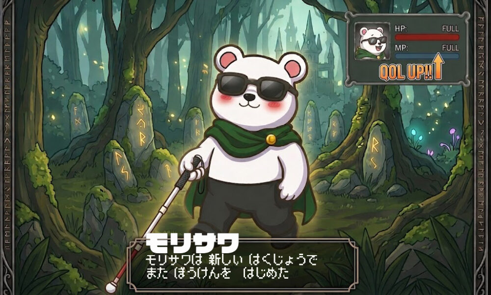 RPGゲーム風の画面。ルーン文字が刻まれた古代の森の遺跡に立つ、緑のマントとサングラスを着用したシロクマのキャラクターのデジタルイラスト。シロクマは画面左手前に伸びる折りたたみ式の赤い先端の白杖を正確に保持しており、足元にはコメント枠があり「モリサワ」という文字の下にドット文字で「モリサワは 新しい はくじょうで また ぼうけんを はじめた」と表示されている。画面右上には、サングラスをかけたシロクマのアイコンと「HP: FULL」「MP: FULL」、その下に金色の文字で「QOL UP!!⇧」と書かれたステータスバーがある。
