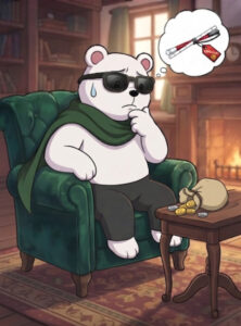 緑色のソファに座ったサングラス姿のシロクマが、額に汗を浮かべて深く悩んでいるイラスト。シロクマは、新しい白杖を手に入れたいと考えているが、高価であるため予算が足りるか心配している。隣のテーブルの上には、中身を確認するために開けられた革袋から、ゴールド(G)の刻印がある金貨や銀貨がこぼれ出ている。