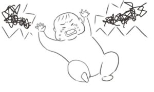 両手を上げて激しく泣く赤ちゃんの周囲に、騒音や混乱を表す線が描かれたイラスト。