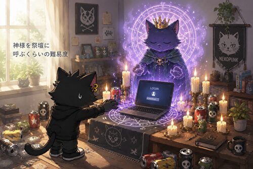 パソコンにログインするために神様を呼び出してお願いしているねこパンク