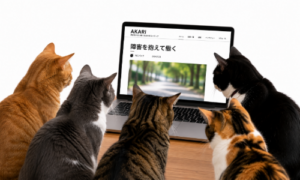 猫達がPCでAKARIの記事を見ている画像