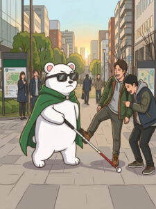 都会の公園の歩道で、緑のマントとサングラスを身につけ、白杖を持ったアニメ調のシロクマ。笑いながら白杖を蹴ろうとする2人の青年を前に、サングラスのシロクマが真顔で立っているイラスト。