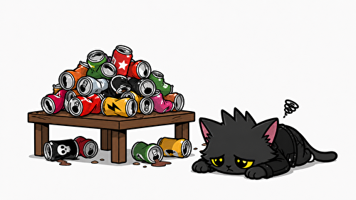 テーブルの上の沢山の空き缶を見て倒れ込んでいるねこパンク