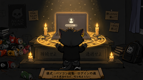 パソコンにログインするために儀式をしているねこパンク