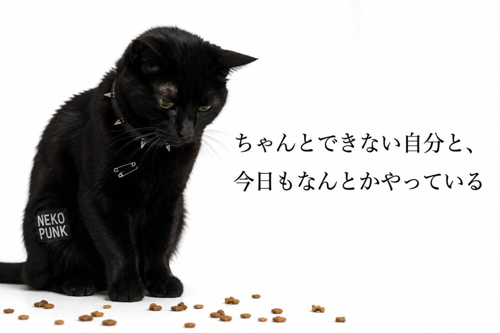 食事後にご飯が散らばっていてしょんぼりしている黒猫