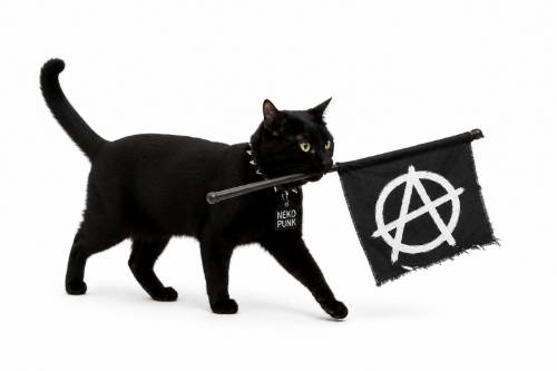 黒猫が旗を咥えて歩いている画像