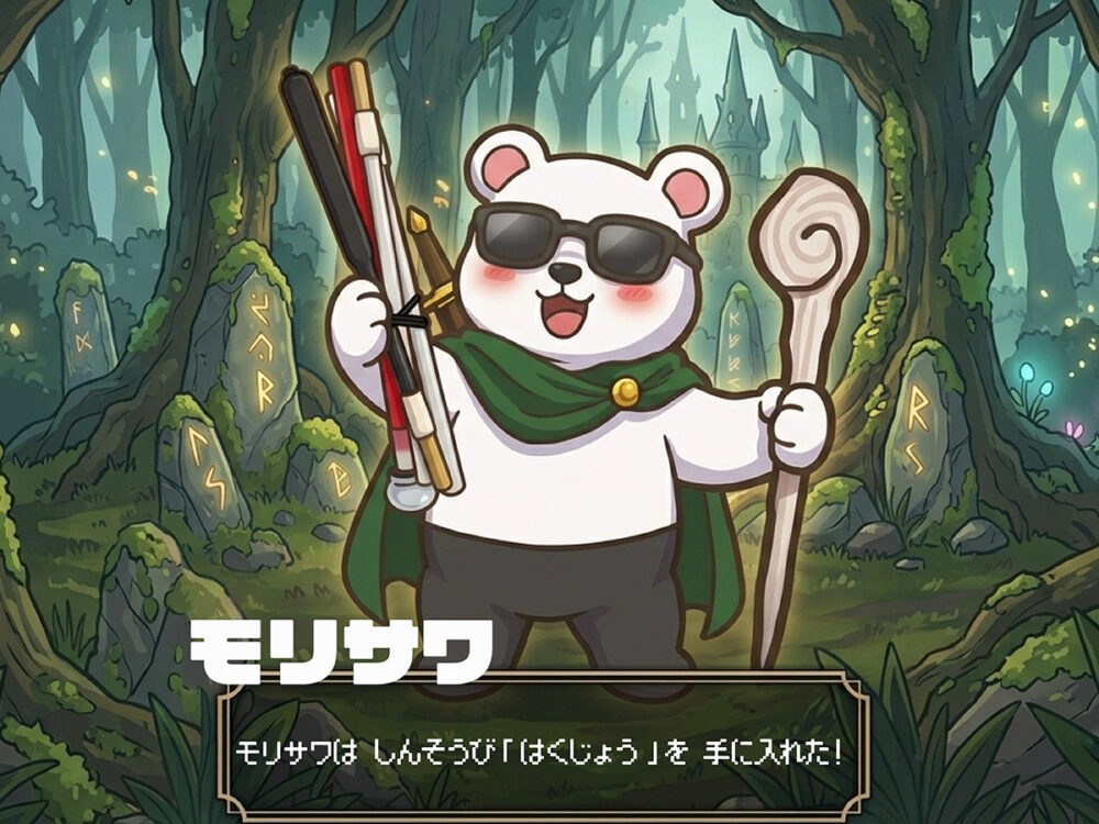 RPGゲーム風のイラスト。背景は神秘的な緑の森と古城。中央には、黒いサングラスをかけ、笑顔で緑のマントを羽織ったシロクマのキャラクターが立っています。シロクマは右手に赤い反射テープ・白のシャフト・黒の持ち手で折りたたまれている状態の折りたたみ式白杖を掲げ、左手には白い木の杖を持っています。画面下部には、名前「モリサワ」と、「モリサワは しんそうび『はくじょう』を 手に入れた!」というゲーム風のテキストウィンドウが表示されています。
